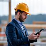 Kis Péter, Építésvezető, tabletjével ellenőriz egy építési folyamatot, háttérben zajló munkálatokkal.