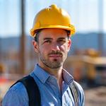 Szabó Tamás, Projektmenedzser, egy építkezési helyszínen állva, sisakban, komoly, elszánt pillantással.